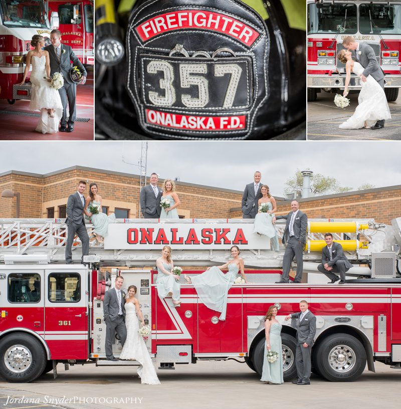 A collage of photos with the bride and groom on top of a fire truck.