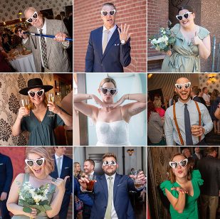 A collage of people wearing sunglasses and posing for pictures.