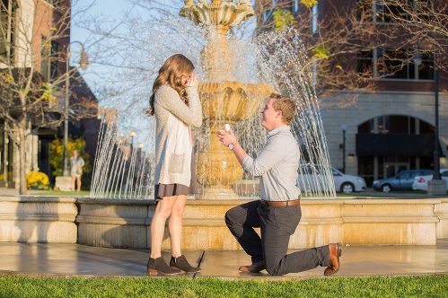 A man kneeling down to propose to his girlfriend.