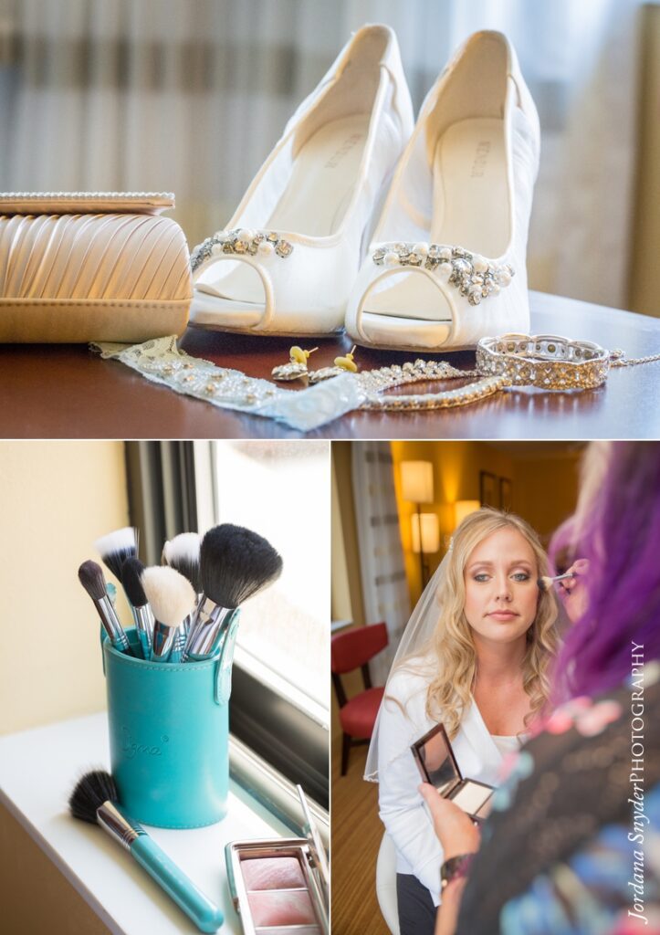 A collage of photos with shoes and makeup.