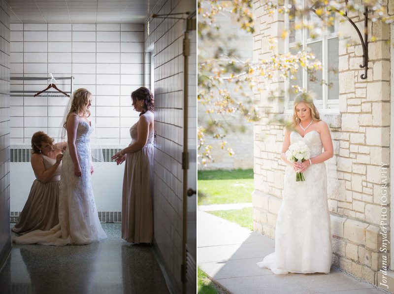 Two photos of a bride and her bridesmaids.