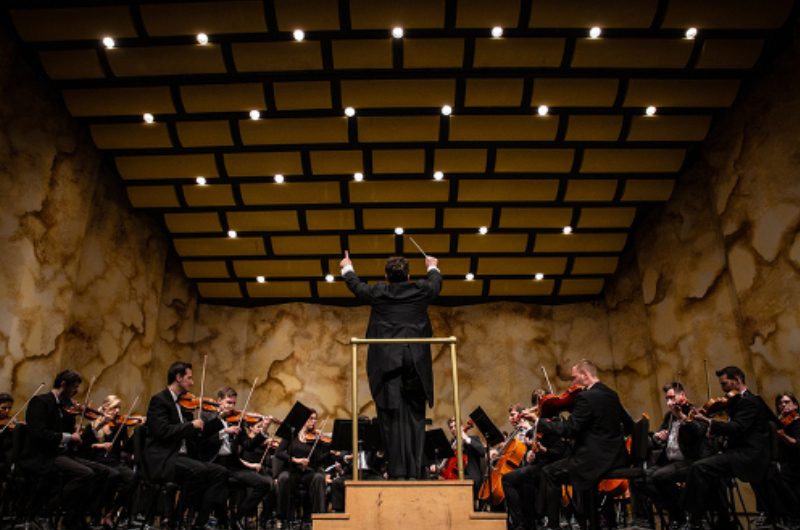 A conductor is standing in front of the orchestra.