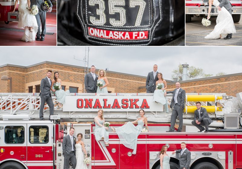 A collage of photos with the bride and groom on top of a fire truck.