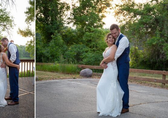 A couple poses for pictures in front of the lake.