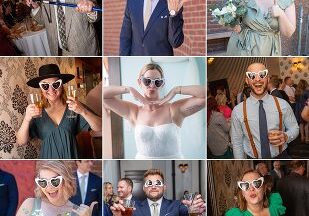 A collage of people wearing sunglasses and posing for pictures.