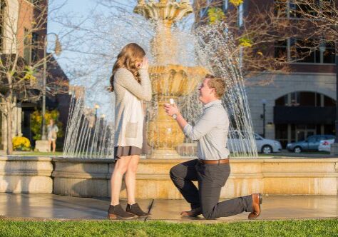 A man kneeling down to propose to his girlfriend.