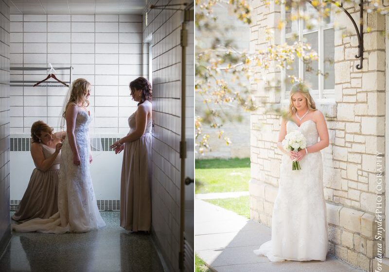 Two photos of a bride and her bridesmaids.
