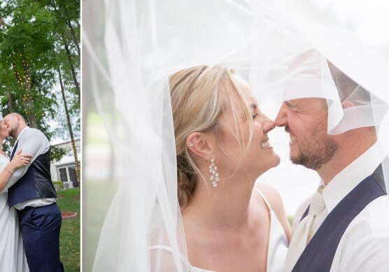 A man and woman kissing under a white canopy.